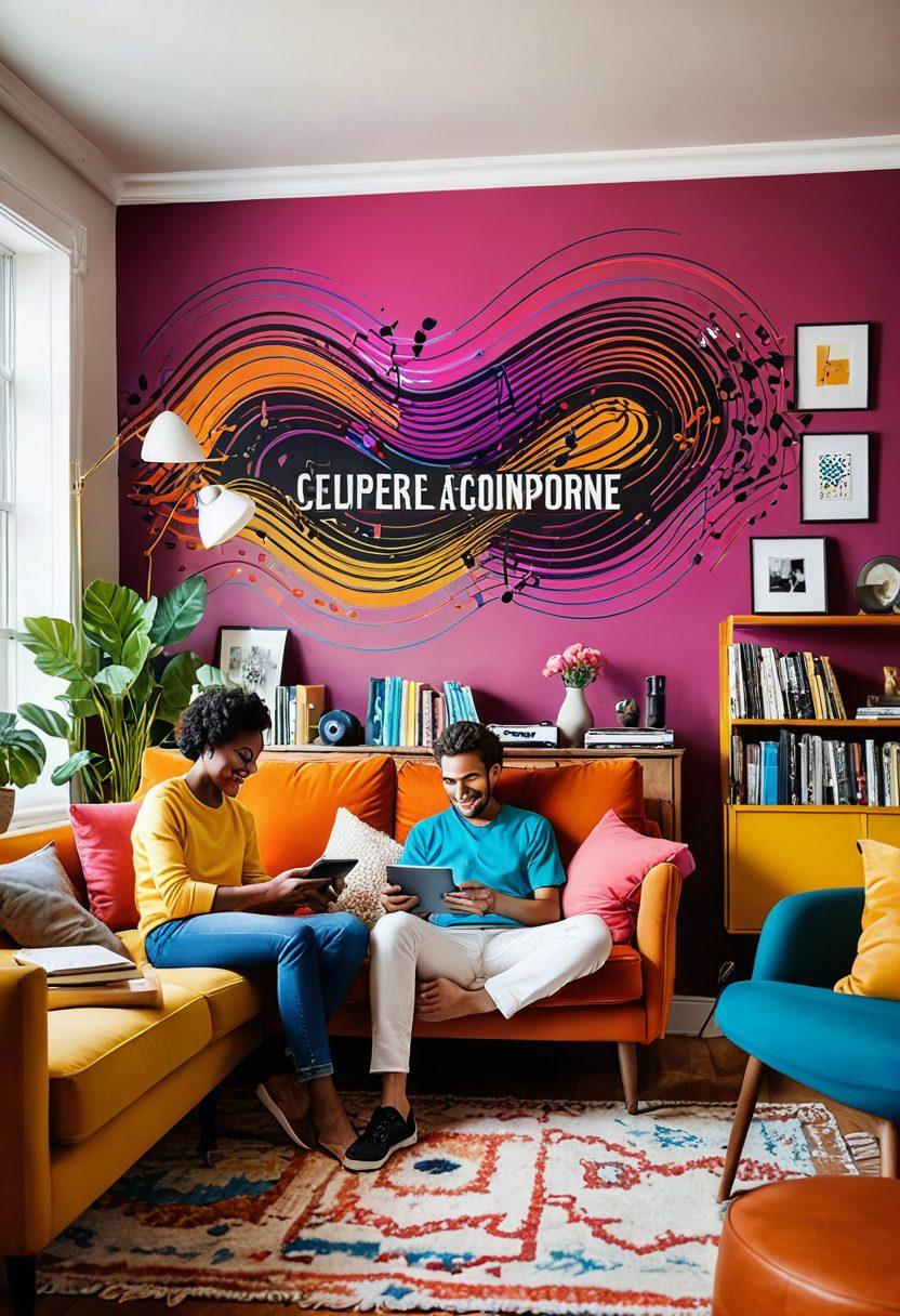 An eclectic scene depicting diverse music lovers of various ages and backgrounds sharing their favorite playlists, surrounded by vibrant sound waves and colorful musical notes floating in the air. Include digital devices like phones and tablets showcasing playlists. The backdrop should be a fusion of a cozy living room and a concert stage, symbolizing both intimacy and celebration of music. bold colors. super-realistic. dynamic composition.