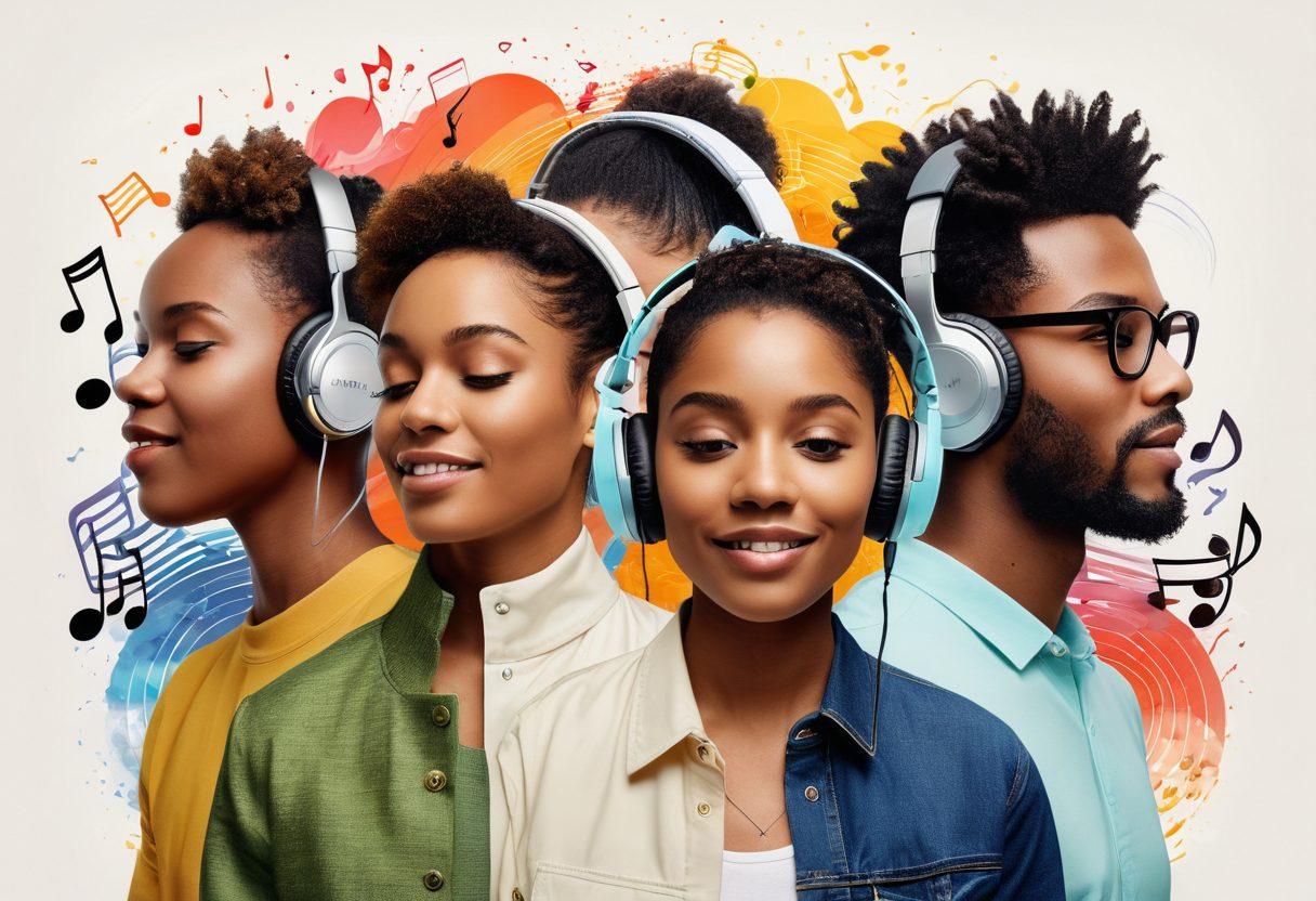 A vibrant collage of diverse people of different ages and backgrounds actively engaging with music apps on their devices, surrounded by colorful sound waves and musical notes flowing around them. The atmosphere is energetic and collaborative, showcasing a virtual space filled with headphones, vinyl records, and digital playlists. A subtle glow emanates from their screens, symbolizing the joy of shared listening experiences. super-realistic. vibrant colors. white background.