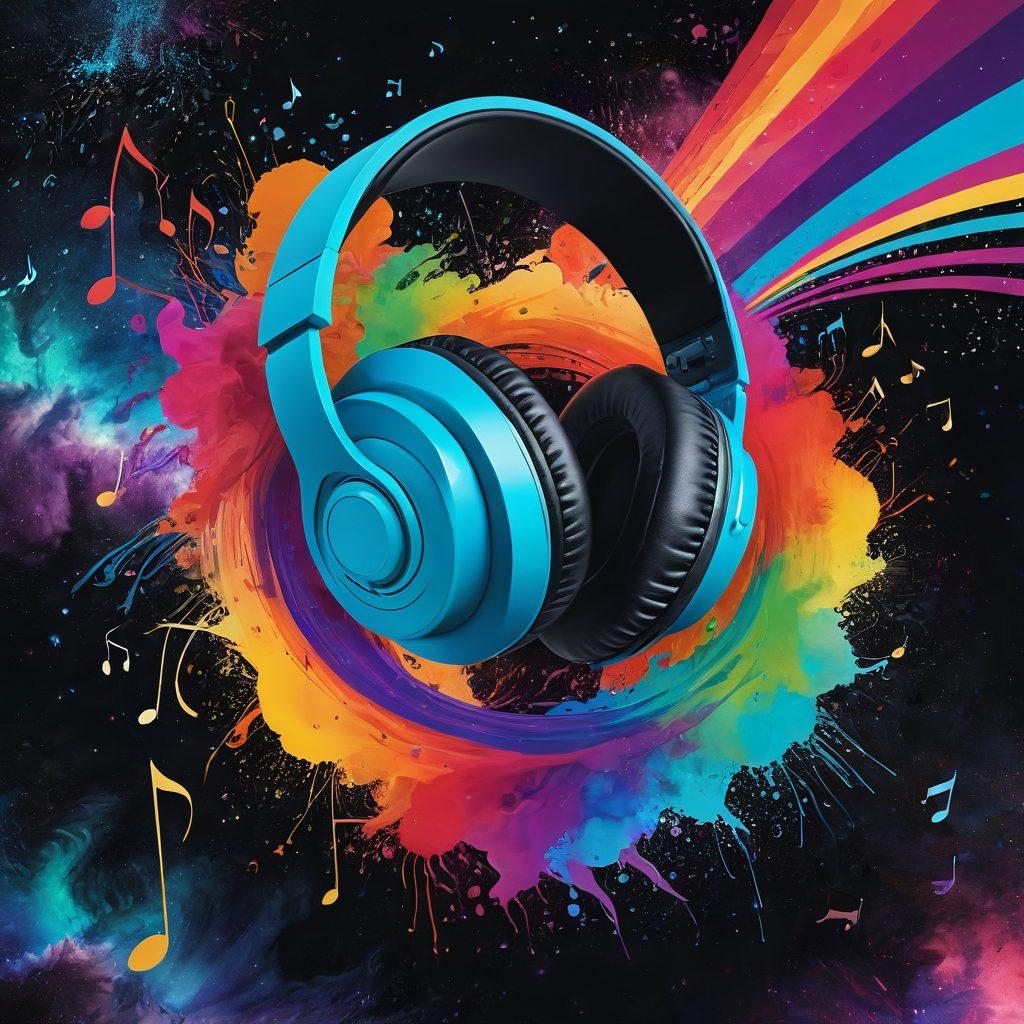 A vibrant abstract representation of a music playlist, featuring colorful, swirling notes and iconic album covers floating in a dreamy, cosmic background. Include elements like headphones and vinyl records intertwined with musical symbols. Capture the essence of song discovery and emotional musical connections. super-realistic. vibrant colors. cosmic background.